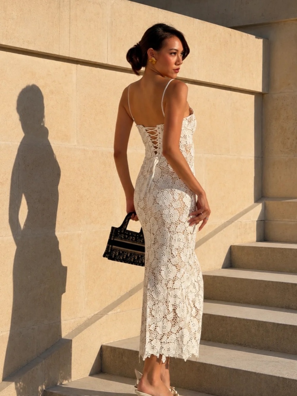 Commense Semi-Sheer Double Layer Lace Cami Dress White Lace Up Back MIDI NEW
